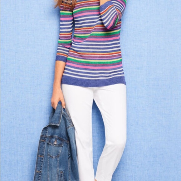 Talbots Petunia Striped 100% Linen Crewneck Sweater Ribbed Hem Side Slits MP - Picture 10 of 12